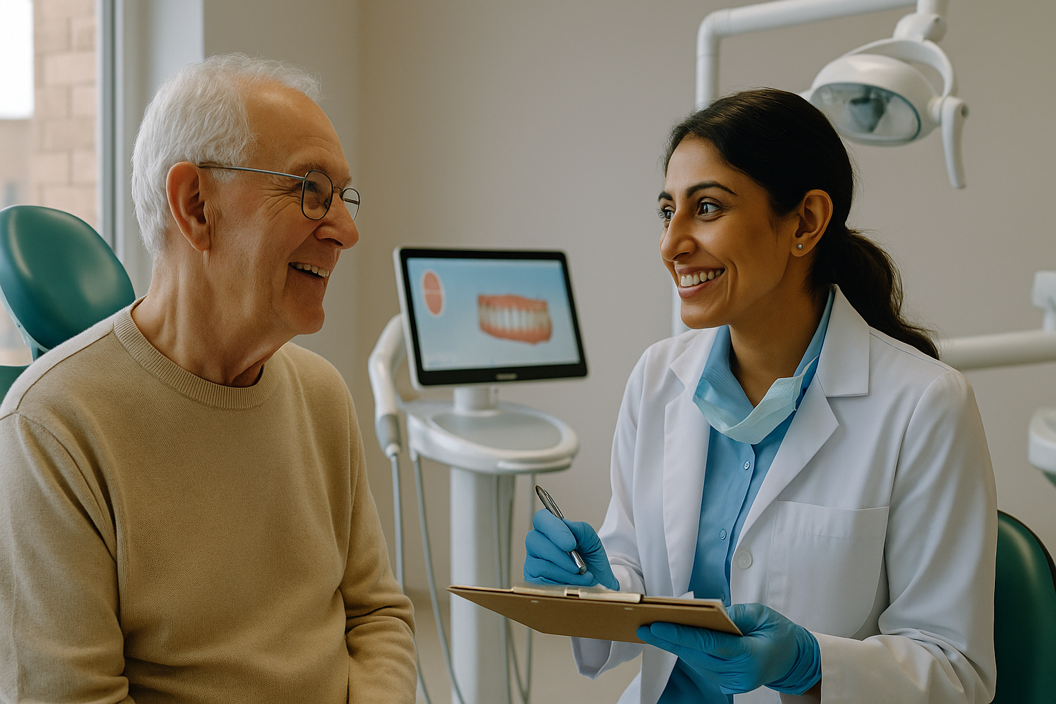 Older adult consulting with a dentist about oral health during a checkup.