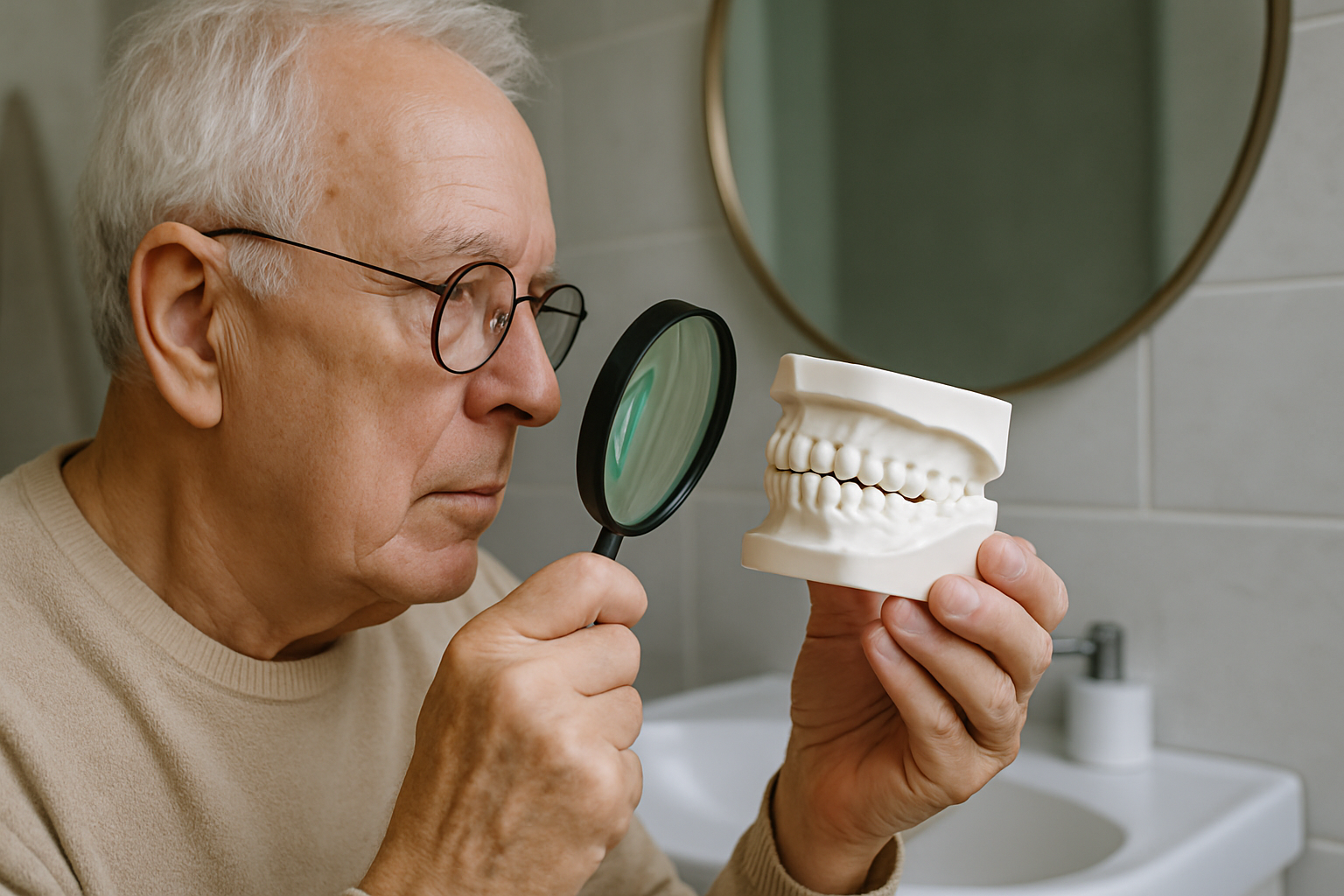 Older woman flossing her teeth in the mirror as part of daily care.