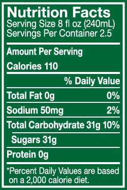 A nutrition facts label which indicates you'll consume over 19 teaspoons of sugar in this soft drink.