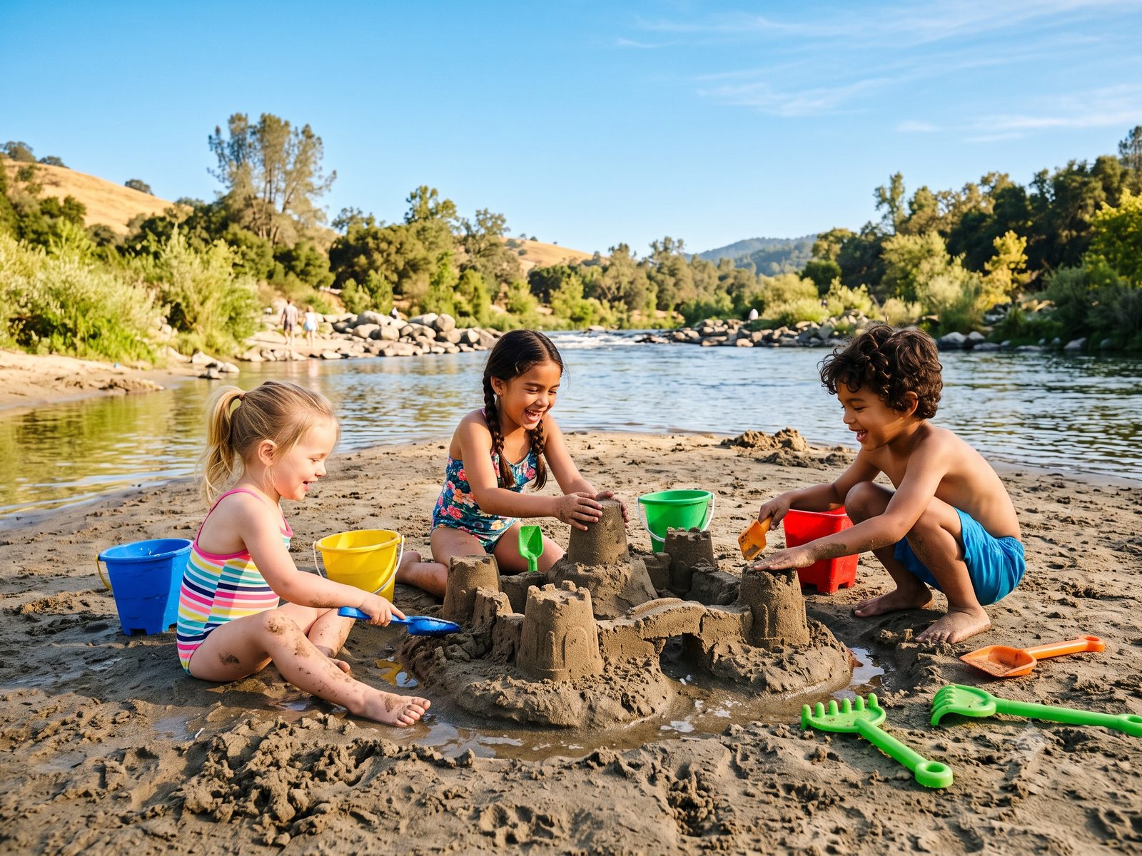 Kids building a sandcastle on a sunny river beach