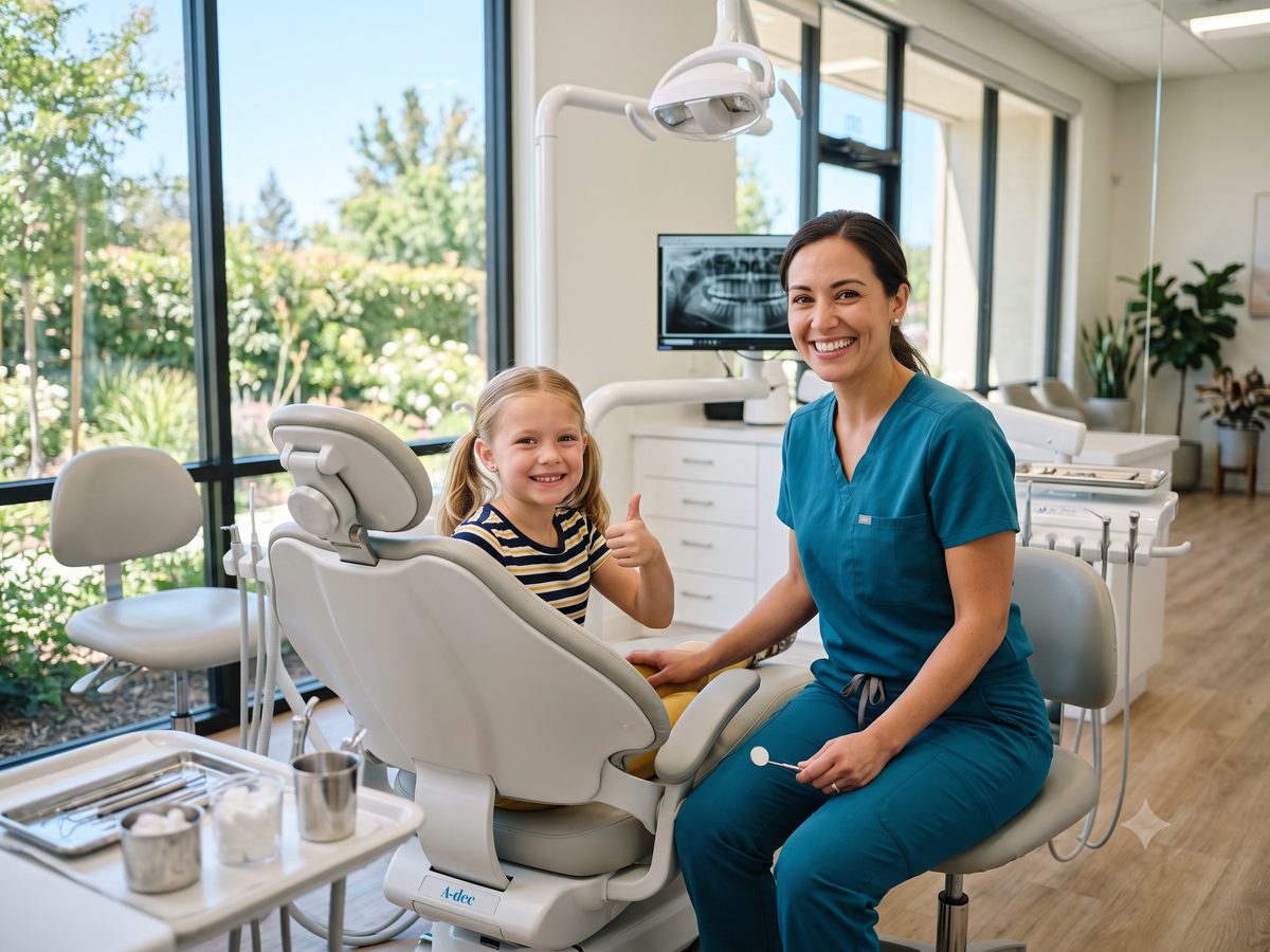 Smiling child giving a thumbs up in a dental chair next to a friendly dentist