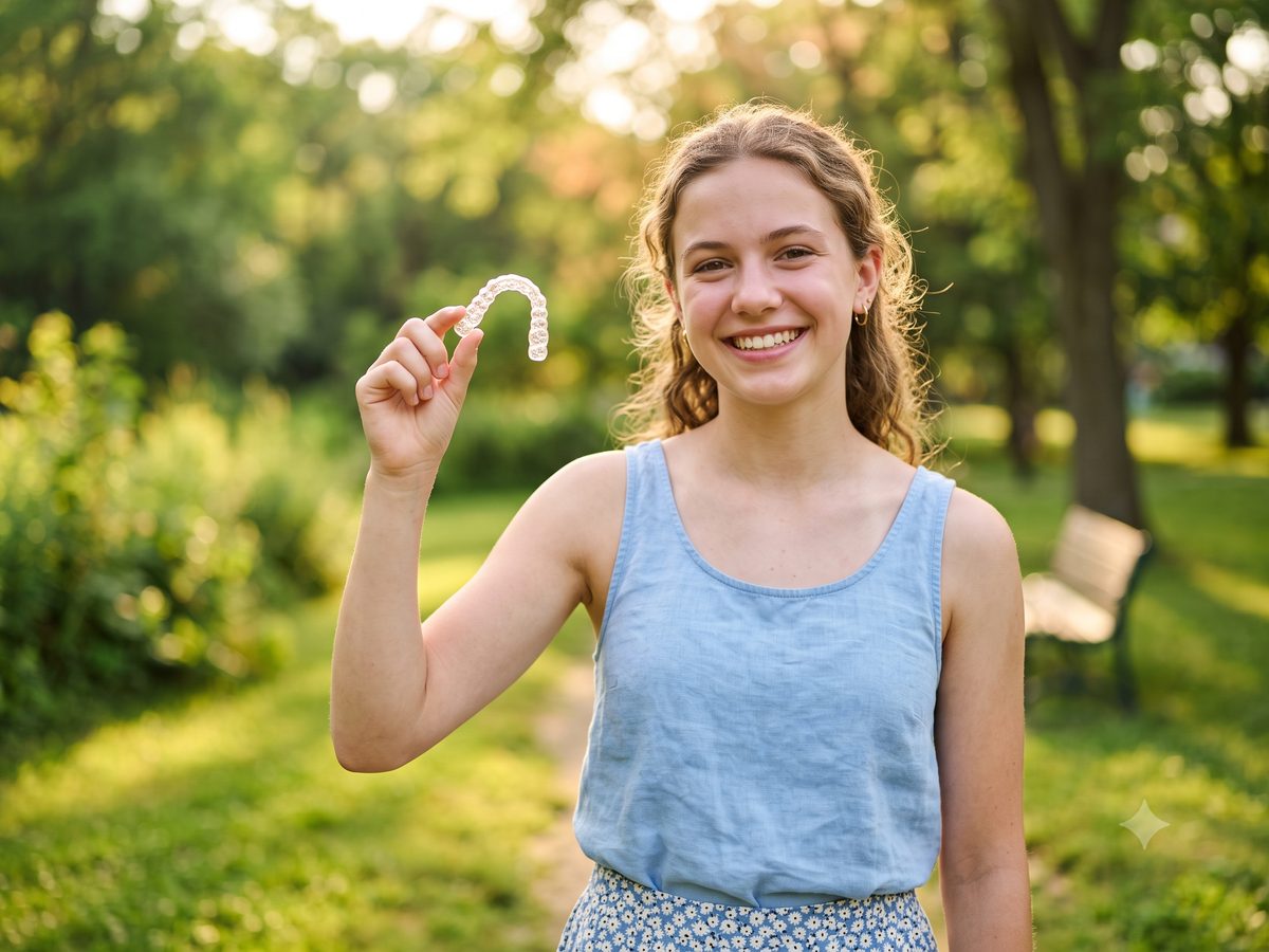 Happy teenager holding a clear aligner outdoors on a sunny day