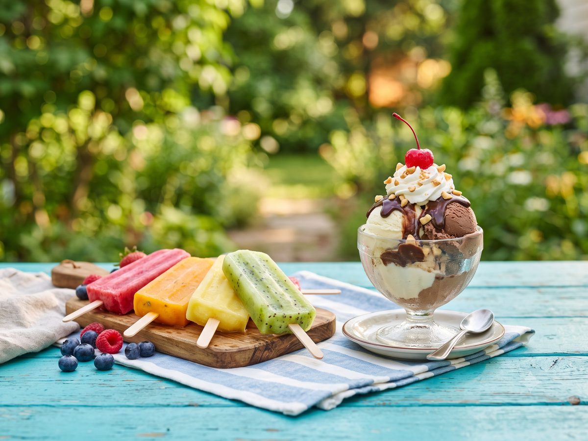 Colorful fruit popsicles and an ice cream sundae on a picnic table